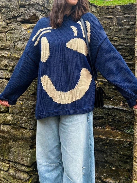 EB | Strickpullover Im Künstlerstil - Gemütlicher Freizeit-Jumper mit Abstraktem Gesichtsmuster