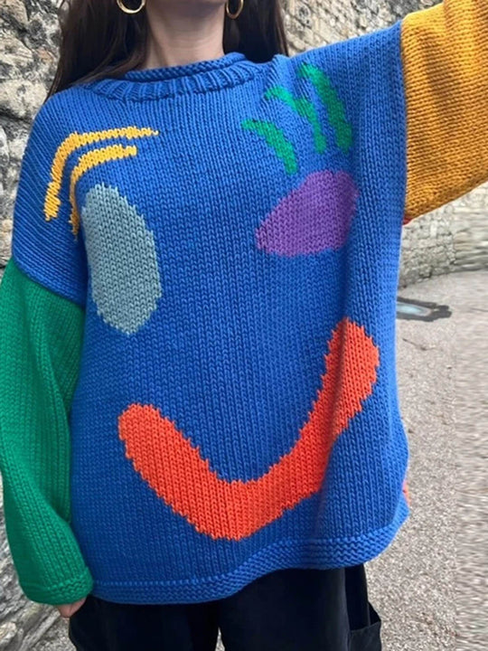EB | Strickpullover Im Künstlerstil - Gemütlicher Freizeit-Jumper mit Abstraktem Gesichtsmuster