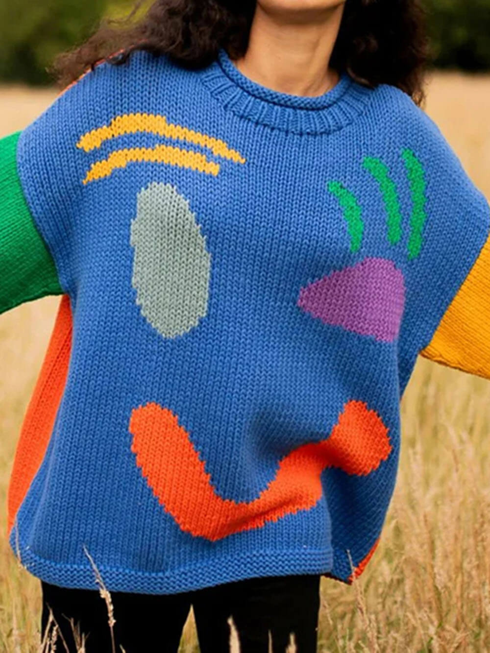 EB | Gestrickt Übergröße Schnitt Lang Abstraktes Intarsienmuster