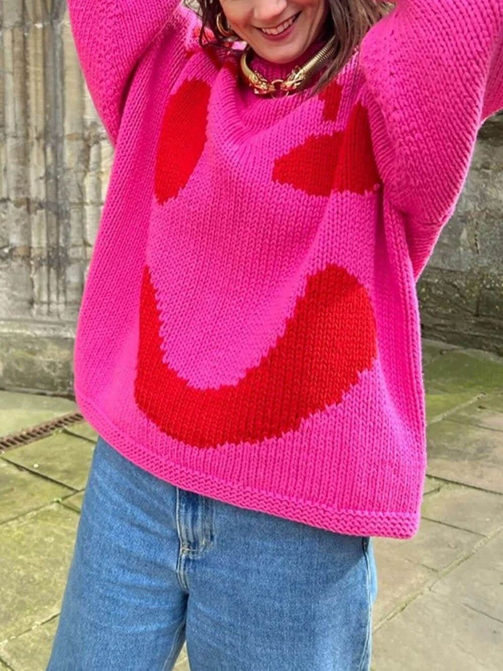 EB | Strickpullover Im Künstlerstil - Gemütlicher Freizeit-Jumper mit Abstraktem Gesichtsmuster