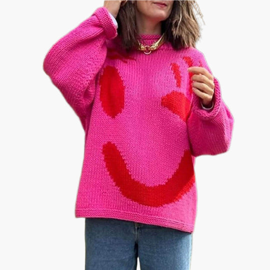 EB | Strickpullover Im Künstlerstil - Gemütlicher Freizeit-Jumper mit Abstraktem Gesichtsmuster