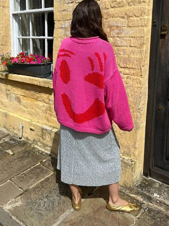 EB | Strickpullover Im Künstlerstil - Gemütlicher Freizeit-Jumper mit Abstraktem Gesichtsmuster