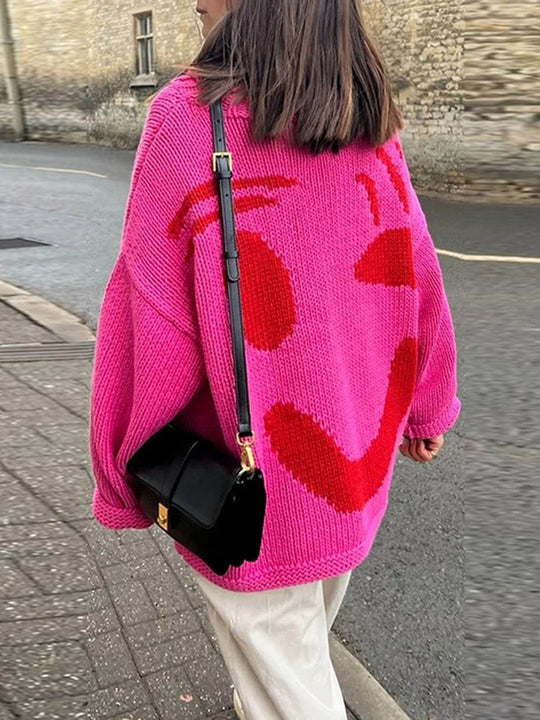 EB | Strickpullover Im Künstlerstil - Gemütlicher Freizeit-Jumper mit Abstraktem Gesichtsmuster