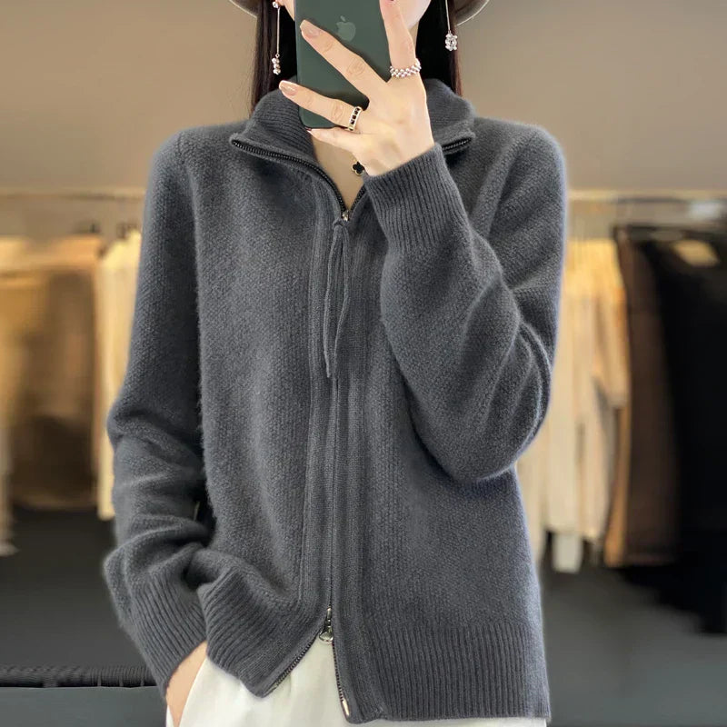 EB | Woll Cardigan Doppelter Reißverschluss und Hoher Kragen Weich und Elegant