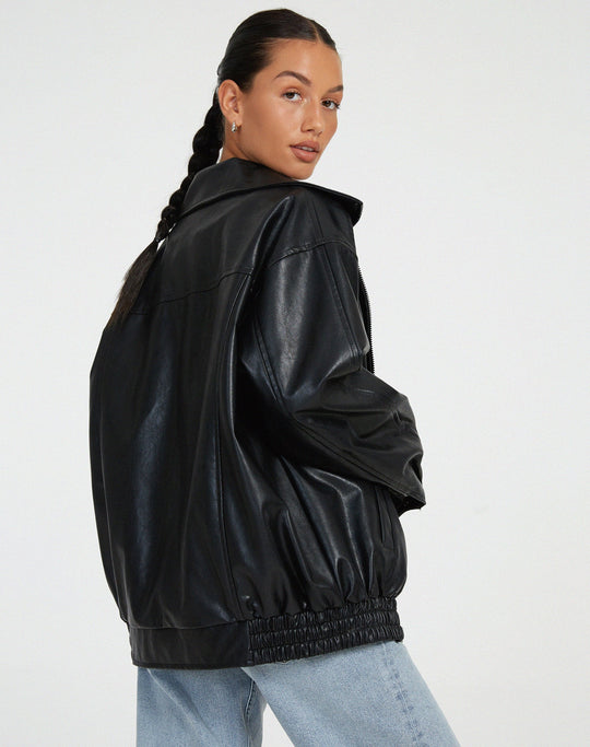 EB | Übergroße Lederjacke mit Langen Ärmeln für Damen - Herbst