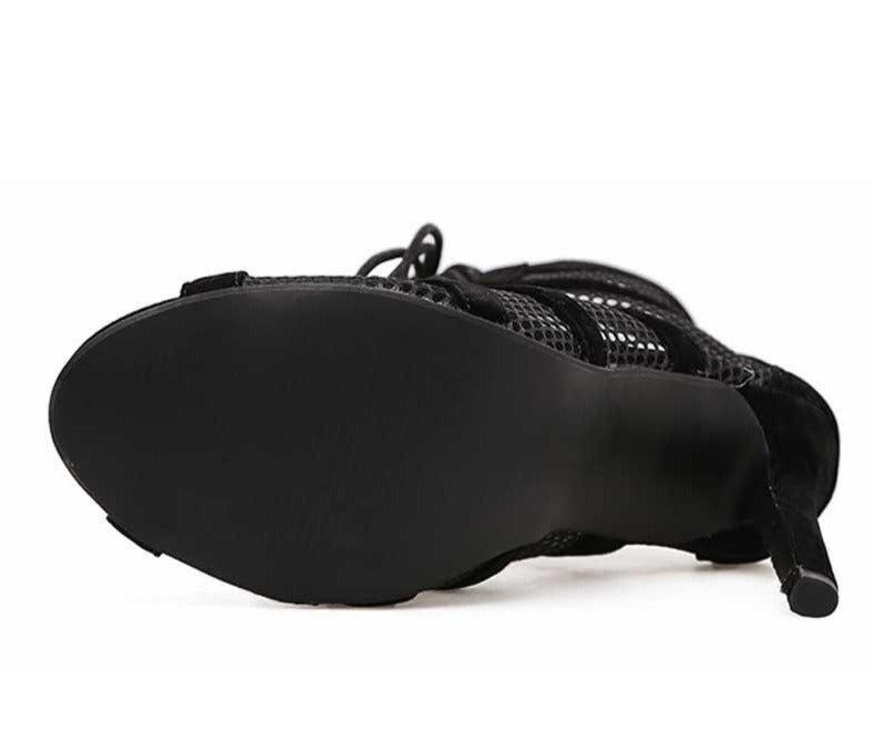EB | Schwarze Schnürung Peep Toe Netz High Heel Knöchel Stiefel