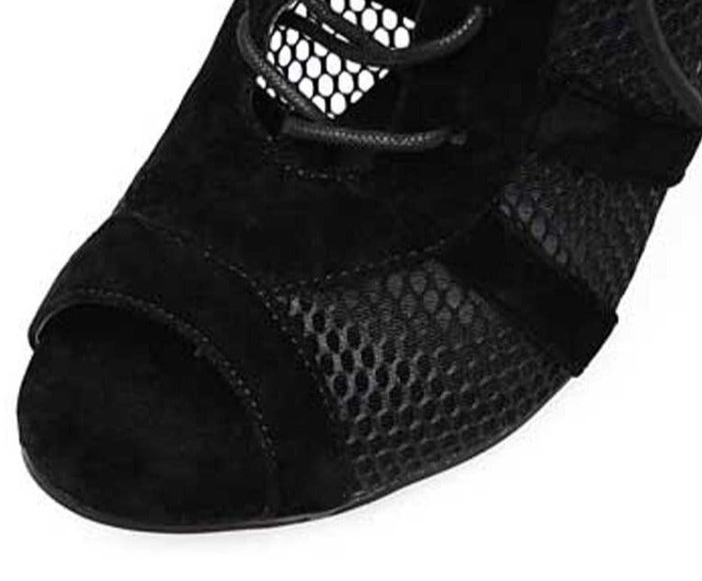 EB | Schwarze Schnürung Peep Toe Netz High Heel Knöchel Stiefel
