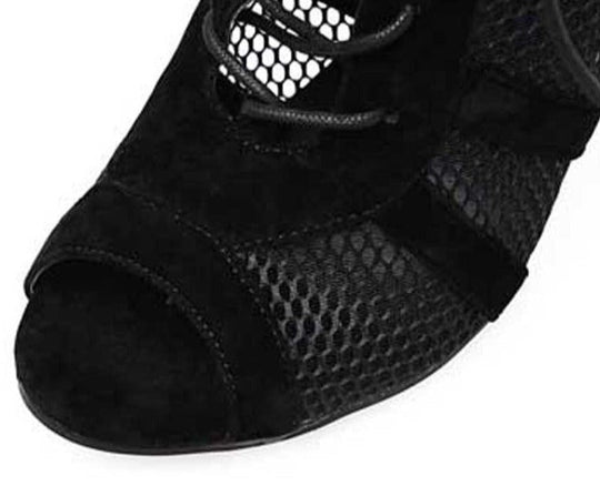EB | Schwarze Schnürung Peep Toe Netz High Heel Knöchel Stiefel