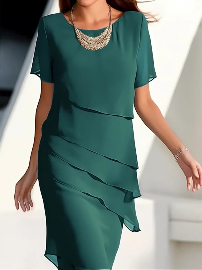 EB - Elegantes Kleid - Kurzärmeliges Midikleid aus geschichtetem Chiffon