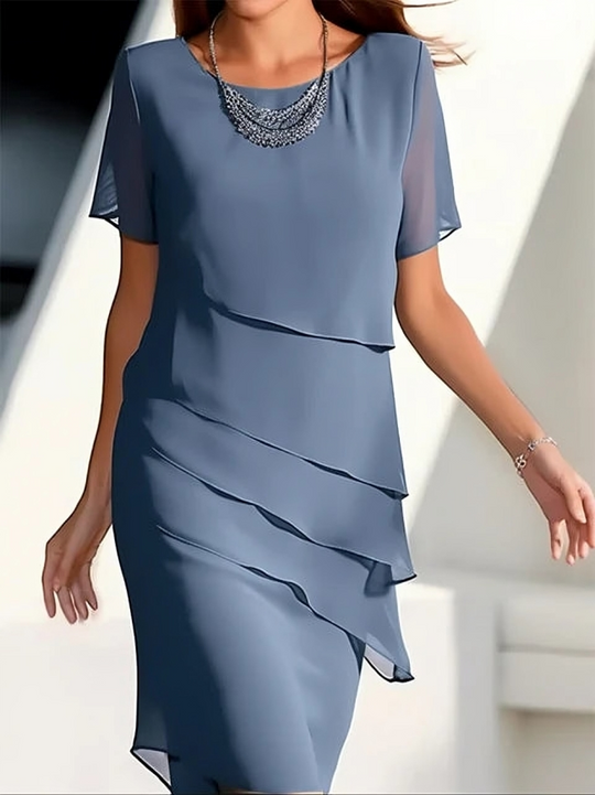 EB - Elegantes Kleid - Kurzärmeliges Midikleid aus geschichtetem Chiffon