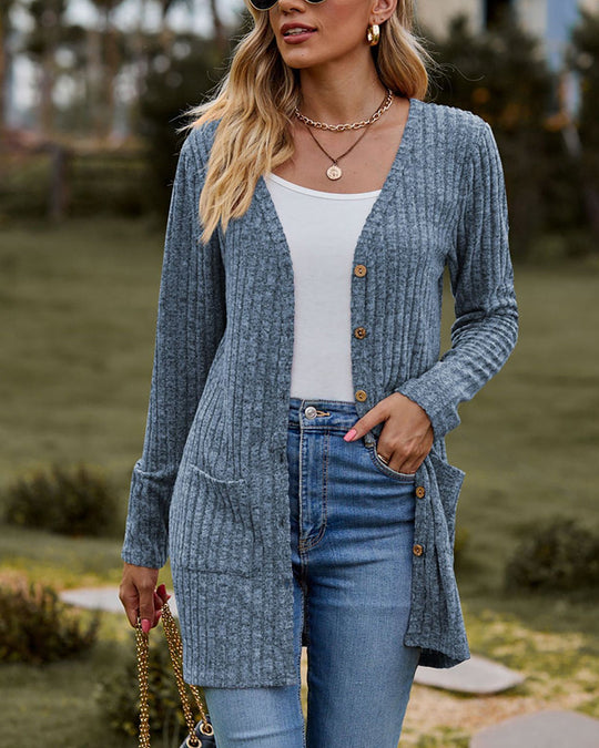 EB | Damen Lange Gestrickte Strickjacke mit Knöpfen