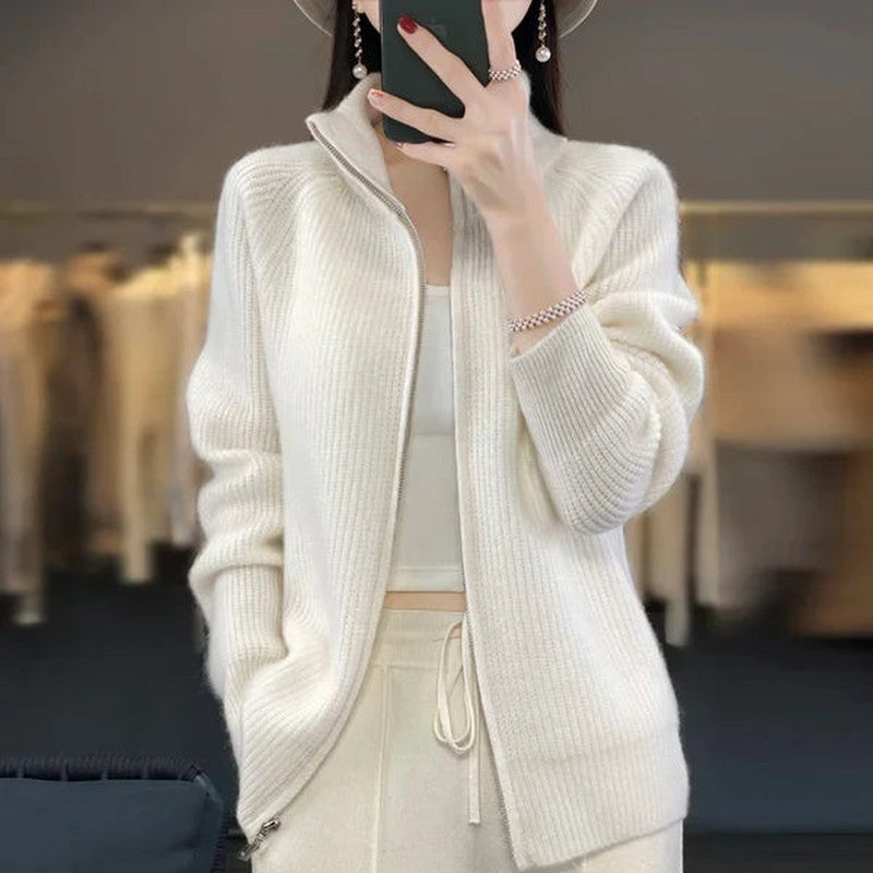 EB | Damen Luxus Strickcardigan mit Reißverschluss und Stehkragen