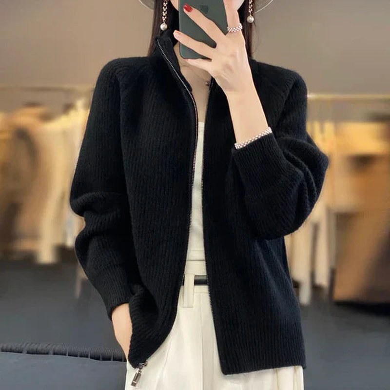 EB | Damen Luxus Strickcardigan mit Reißverschluss und Stehkragen
