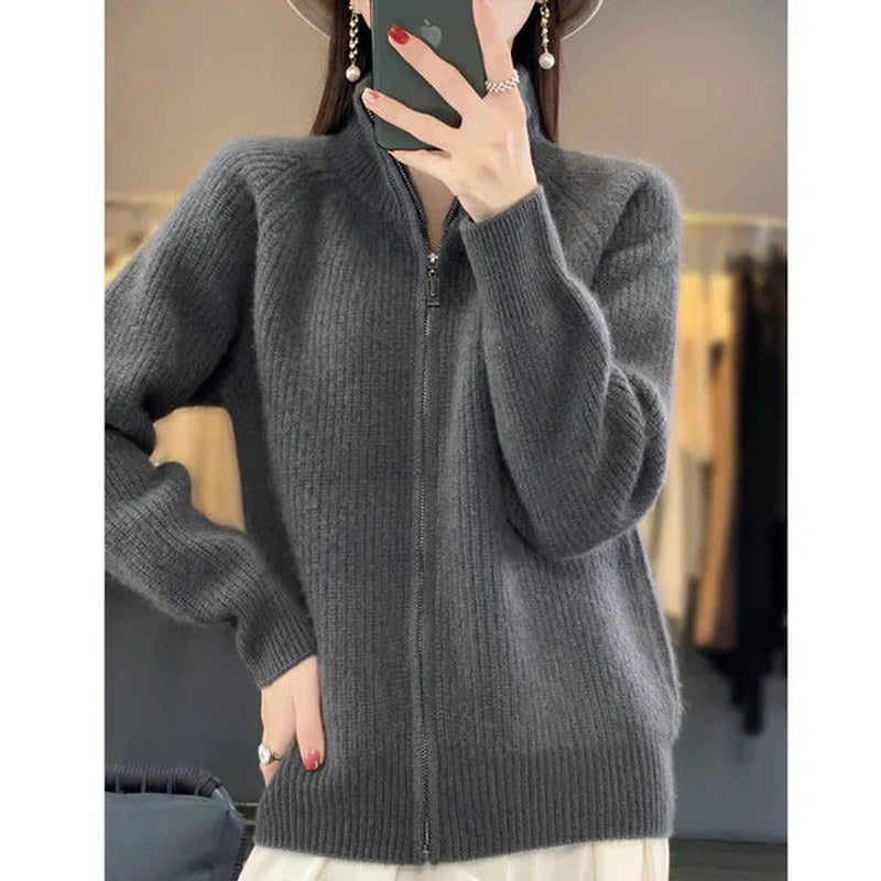 EB | Damen Luxus Strickcardigan mit Reißverschluss und Stehkragen