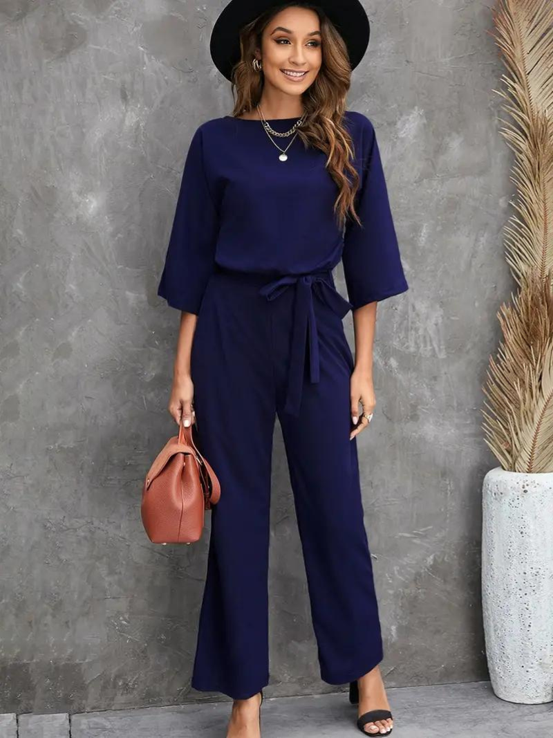 EB | Jumpsuit Weite Beinform Taillengürtel Dreiviertelärmel Elegante Passform