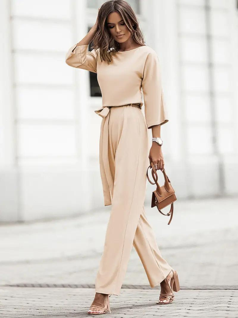 EB | Jumpsuit Weite Beinform Taillengürtel Dreiviertelärmel Elegante Passform
