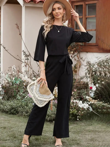 EB | Jumpsuit Weite Beinform Taillengürtel Dreiviertelärmel Elegante Passform