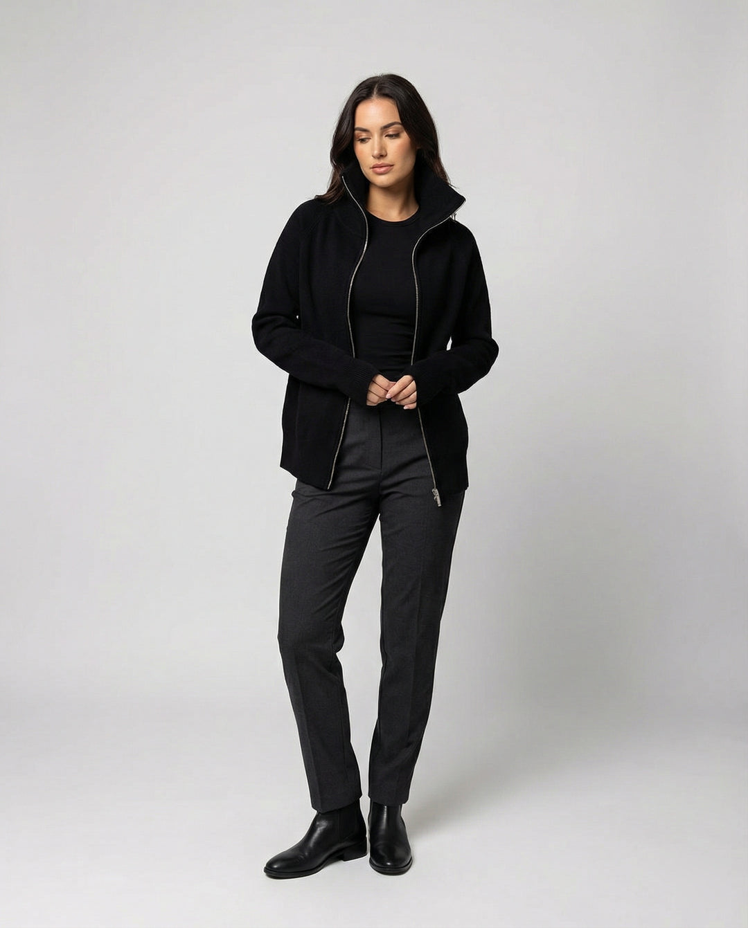 Eleganter Damen Strick Cardigan mit Doppelreißverschluss und hohem Kragen