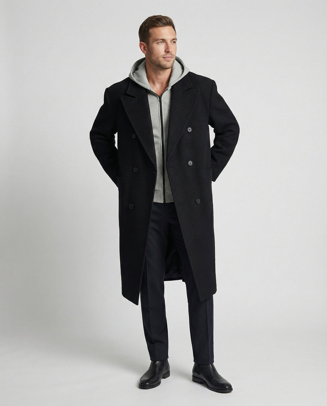 Eleganter Herren Wollmantel Mittellang mit Schulterpolstern Vibe Style Trenchcoat