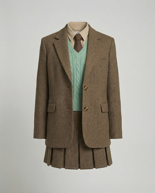 Elegantes Blazer-Set mit plissiertem Minirock tailliertem Sakko und Reverskragen EB