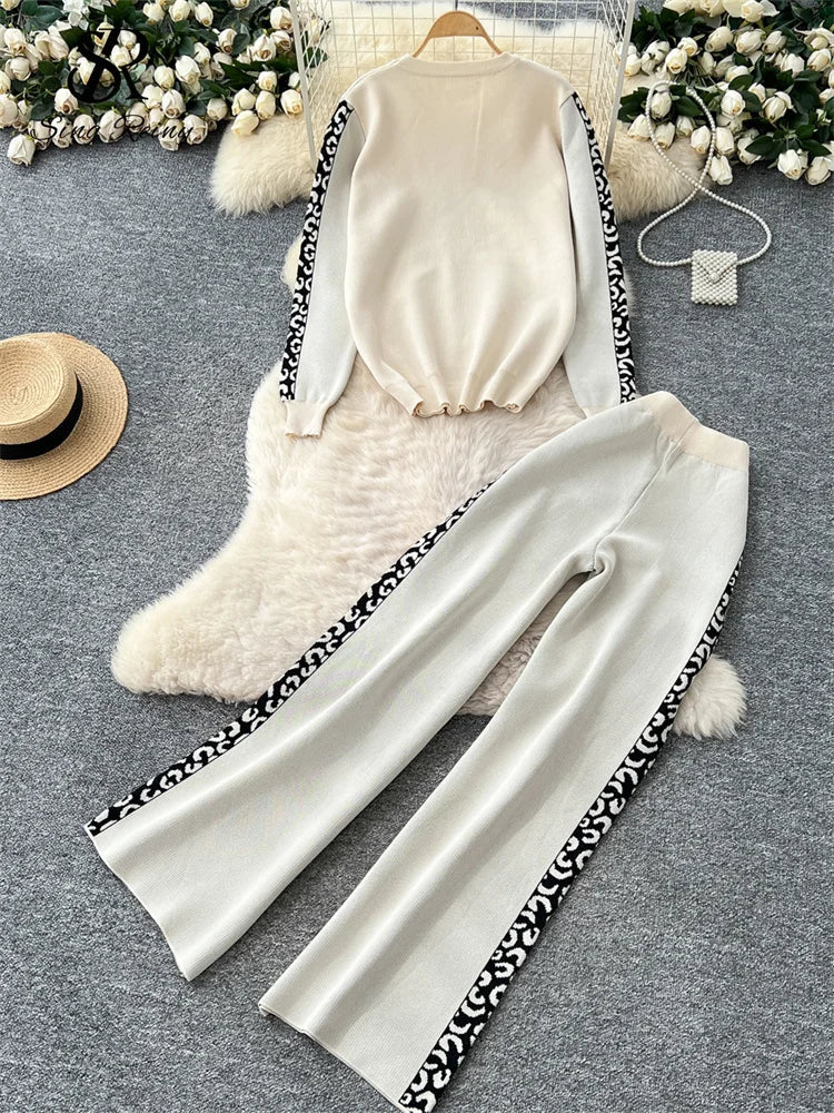 EB | Damen Strickset mit Pullover und Weitbein-Hosen