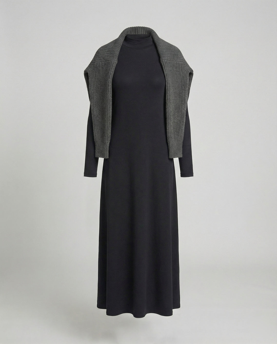 Elegantes schwarzes Vintage Langarmkleid aus Baumwolle mit hoher Taille