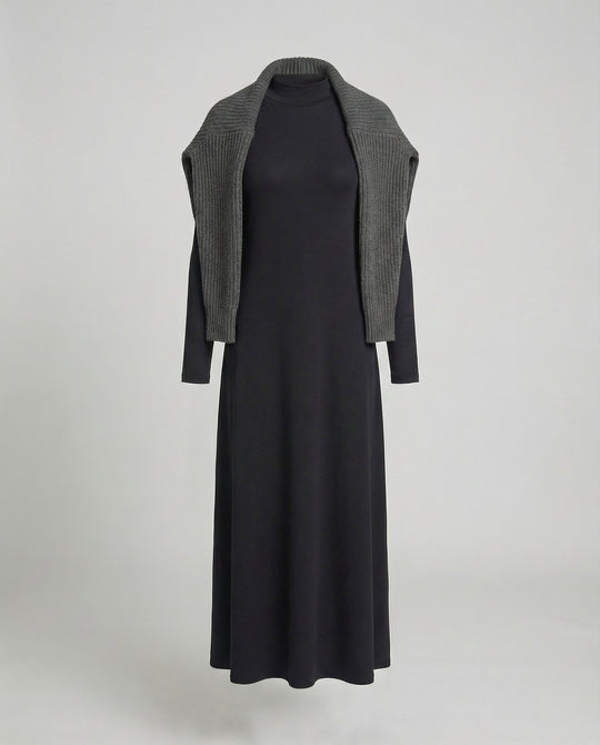 Elegantes schwarzes Vintage Langarmkleid aus Baumwolle mit hoher Taille