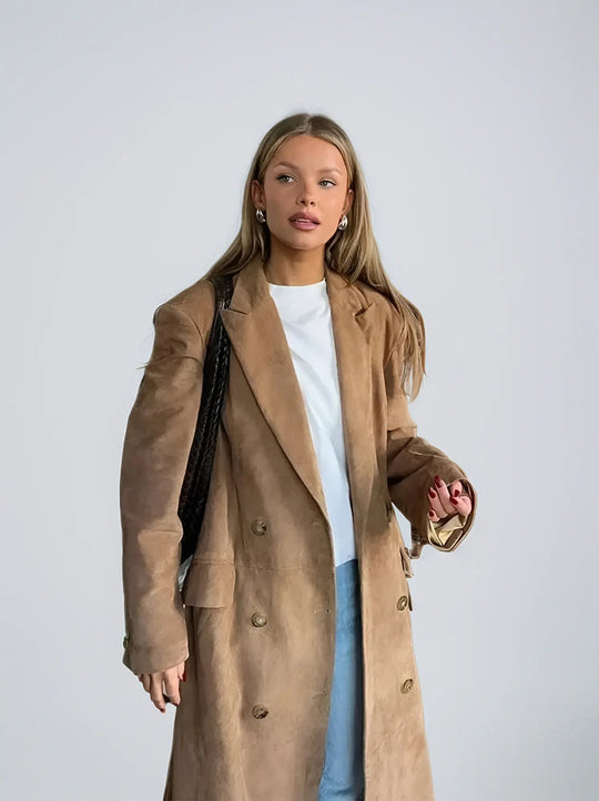EB | Damen Wildleder Trenchcoat mit Klassischem Revers und Doppelt Knopfverschluss