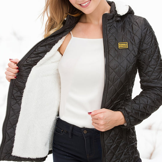 EB | Damen kurze wattierte Winterjacke mit Kapuze und Fleece-Futter