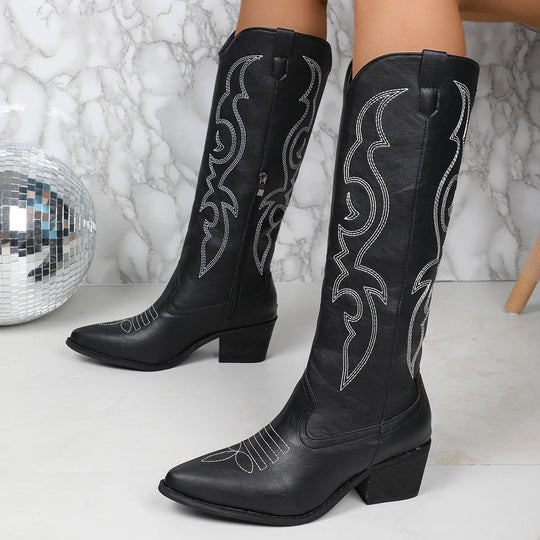 EB | Hohe Damen Cowboy Stiefel aus Leder mit Absatz für Herbst und Festivals