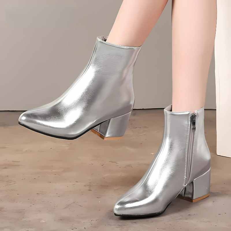 Stiefeletten - Damen Reißverschluss Spitz Zehen Blockabsatz Stiefel EB