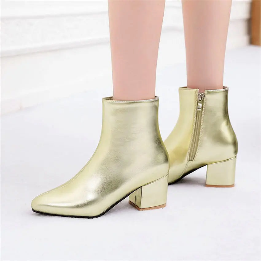 Stiefeletten - Damen Reißverschluss Spitz Zehen Blockabsatz Stiefel EB