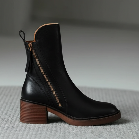 Stiefeletten - Braune und schwarze Lederstiefel mit Blockabsatz für Frauen EB