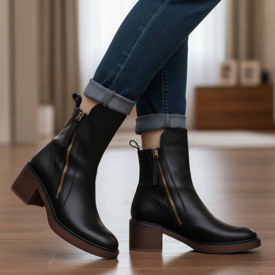 Stiefeletten - Braune und schwarze Lederstiefel mit Blockabsatz für Frauen EB