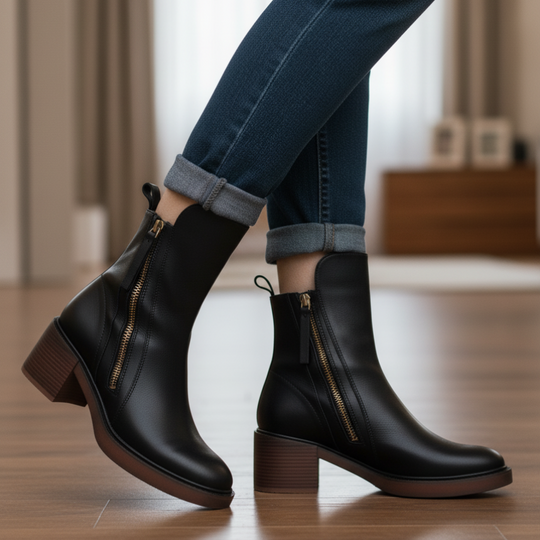Stiefeletten - Braune und schwarze Lederstiefel mit Blockabsatz für Frauen EB