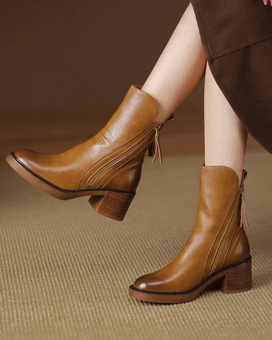 Stiefeletten - Braune und schwarze Lederstiefel mit Blockabsatz für Frauen EB