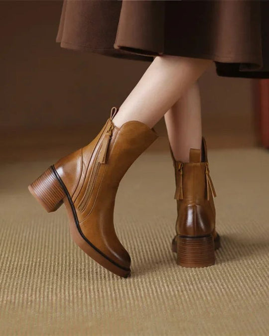 Stiefeletten - Braune und schwarze Lederstiefel mit Blockabsatz für Frauen EB