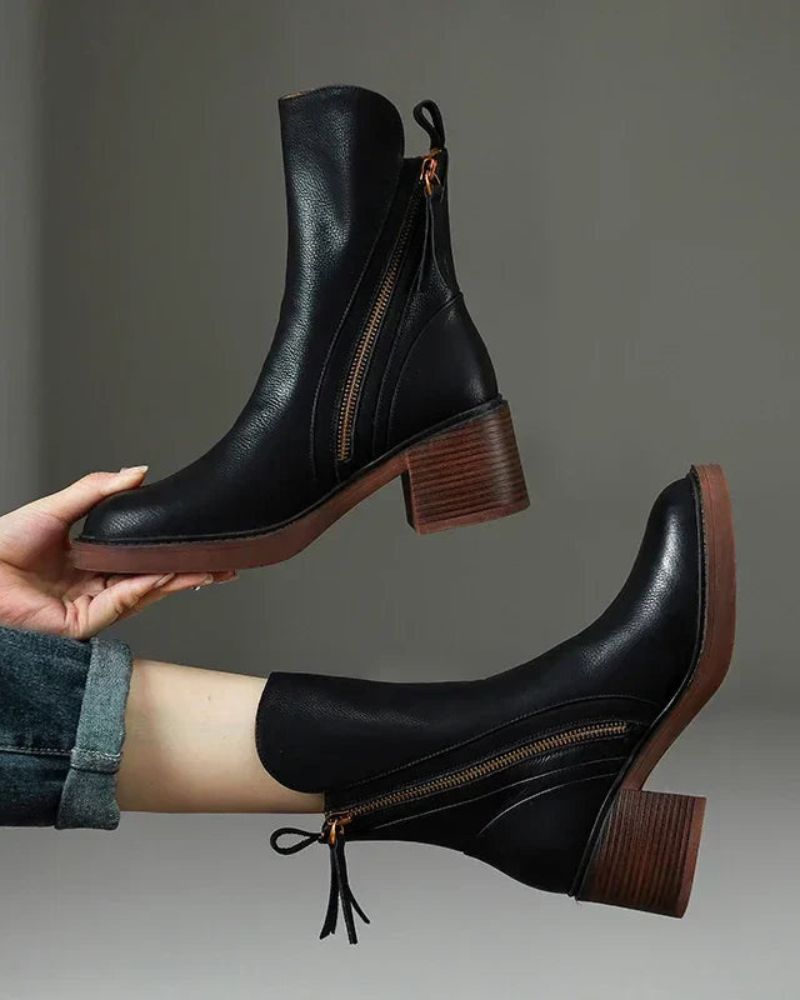 Stiefeletten - Braune und schwarze Lederstiefel mit Blockabsatz für Frauen EB