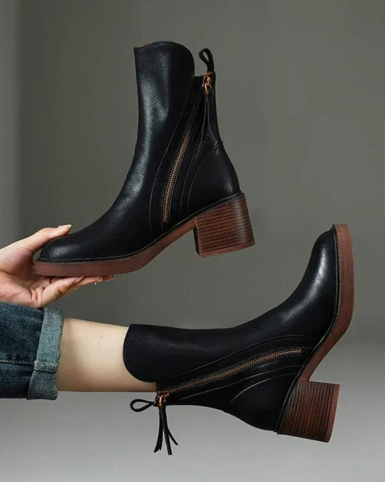 Stiefeletten - Braune und schwarze Lederstiefel mit Blockabsatz für Frauen EB