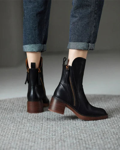 Stiefeletten - Braune und schwarze Lederstiefel mit Blockabsatz für Frauen EB