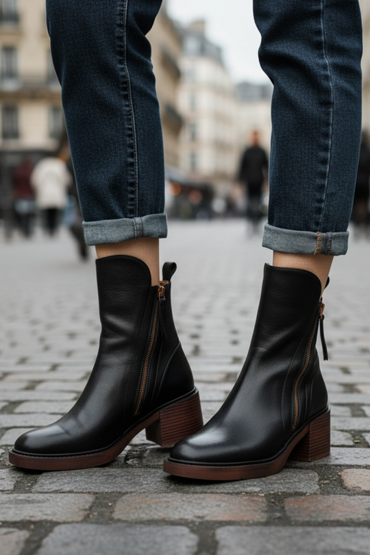 Stiefeletten - Braune und schwarze Lederstiefel mit Blockabsatz für Frauen EB