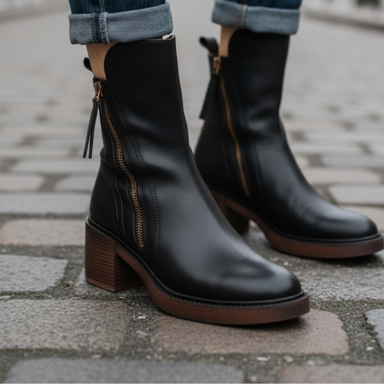 Stiefeletten - Braune und schwarze Lederstiefel mit Blockabsatz für Frauen EB