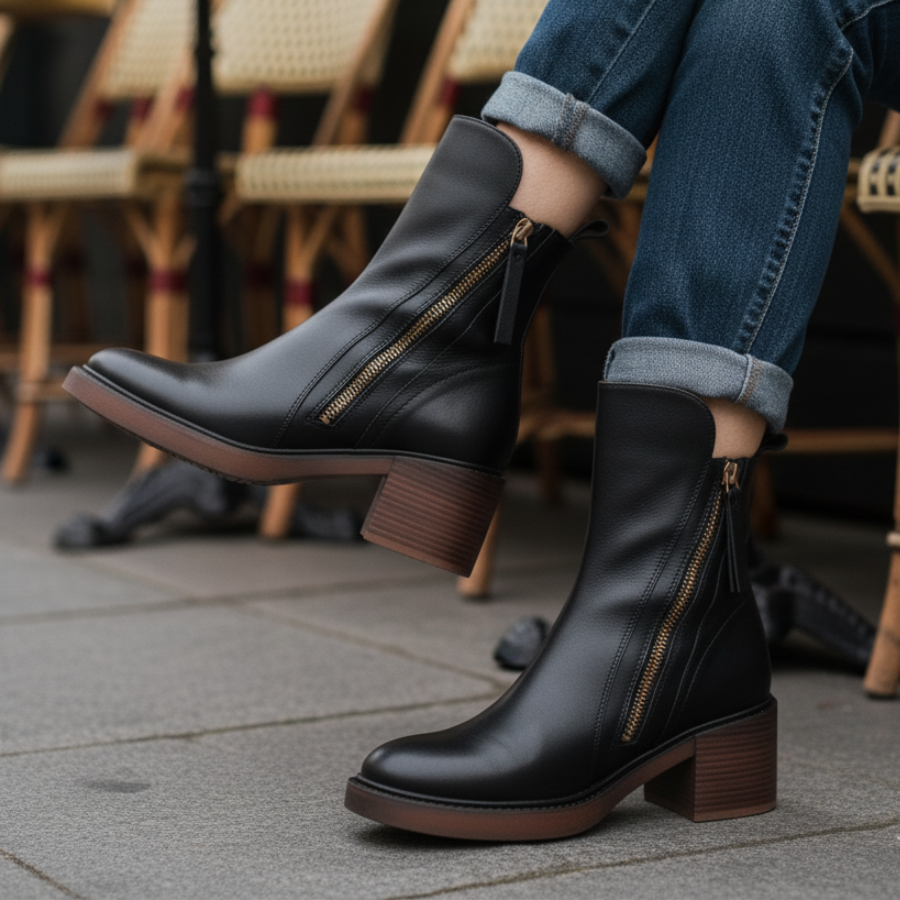 Stiefeletten - Braune und schwarze Lederstiefel mit Blockabsatz für Frauen EB