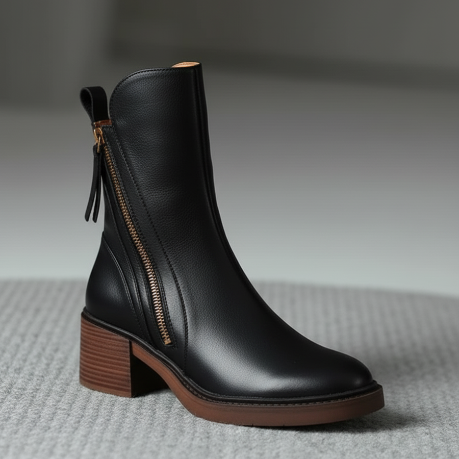 Stiefeletten - Braune und schwarze Lederstiefel mit Blockabsatz für Frauen EB