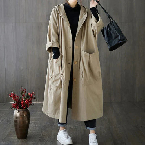 EB | Trenchcoat - Langer Oversized-Schnitt - Große Seitentaschen - Kapuze und Knopfverschluss
