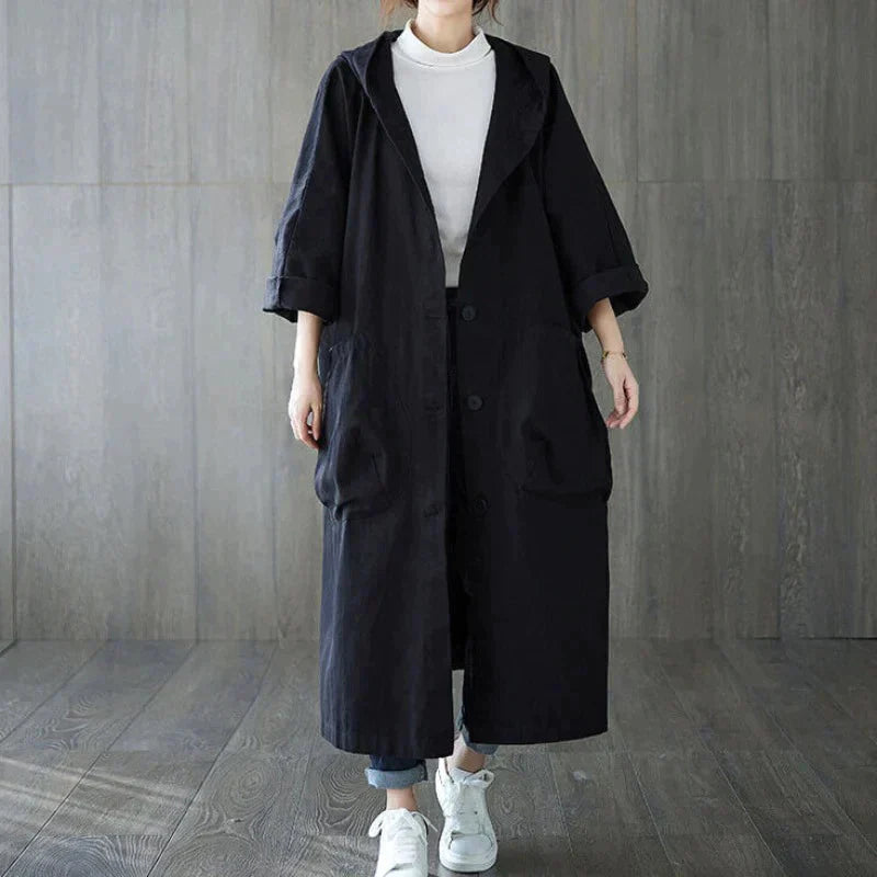 EB | Trenchcoat - Langer Oversized-Schnitt - Große Seitentaschen - Kapuze und Knopfverschluss