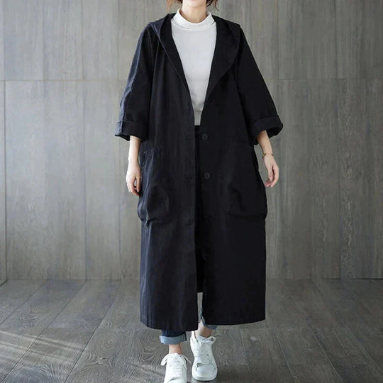 EB | Trenchcoat - Langer Oversized-Schnitt - Große Seitentaschen - Kapuze und Knopfverschluss