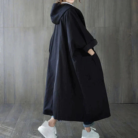 EB | Trenchcoat - Langer Oversized-Schnitt - Große Seitentaschen - Kapuze und Knopfverschluss
