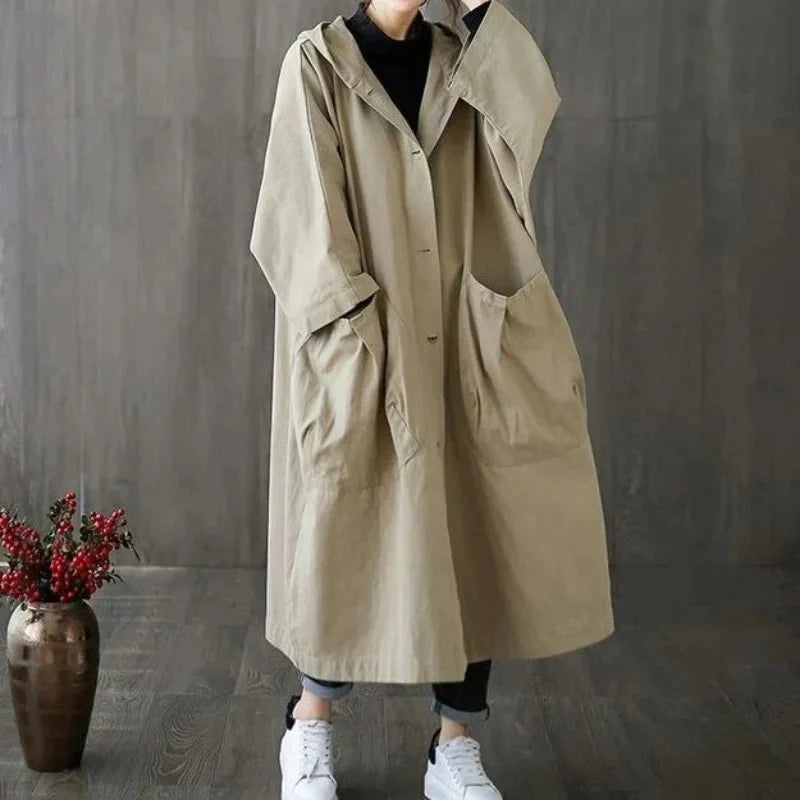 EB | Trenchcoat - Langer Oversized-Schnitt - Große Seitentaschen - Kapuze und Knopfverschluss