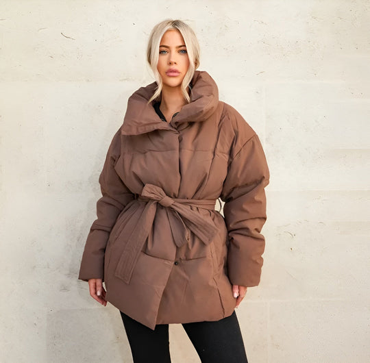 EB | Gürtelte Pufferjacke Übergröße Kragen Wintermantel